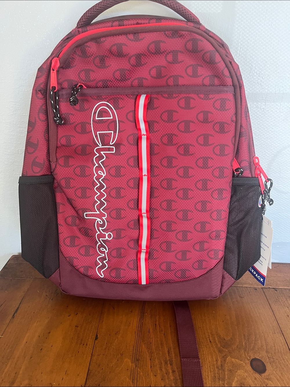 Champion Maroon Logo Print Backpack with Red Trim